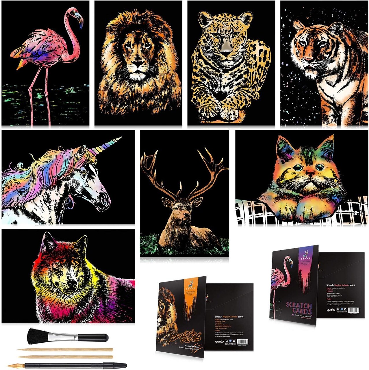 Animal Series Rainbow Scratch Art Set – 8 A4 Scratchboards with 4 Tools – Unicorn, Flamingo, Cat, Deer, Lion, Tiger, Leopard, Wolf – Crafts for Kids & Adults (Animal Series)